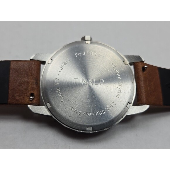 Tinker First Edition Day Date Watch Silver Tone 38mm New Battery Brown Leather - Picture 13 of 13